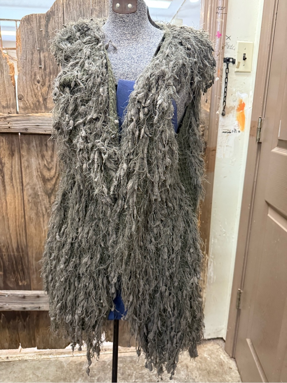 Sioni Olive Green Shaggy Open-Front Cardigan Vest